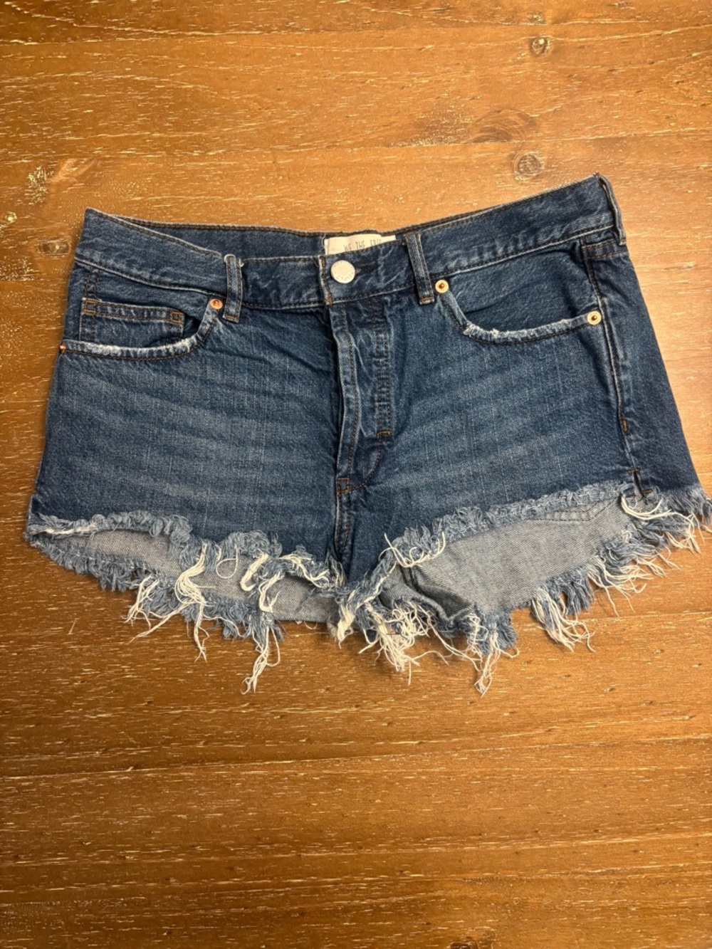 We The Free Dark Blue Frayed Hem Button-Front Denim Shorts - Picture 2 of 3